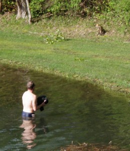 Darren running into the water to escape the fox!