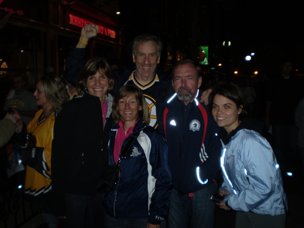 Out watching the Bruins game at "Four's"... just before the Boston Marathon in 2008.  (Joanne, Denise, me, Joe, Nicole)