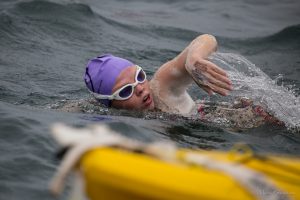 Annaleise swimming her first of 2 Lake Erie Crossings last summer (42k & 30k!)